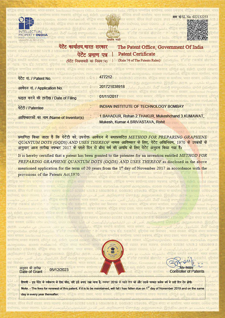 Barkha Singh, Rohan Bahadur, Mayuri Gandhi, Rohit Srivastava, MXene composite nanosheet and method of preparing the same, Patent Granted: 484042, December 2023