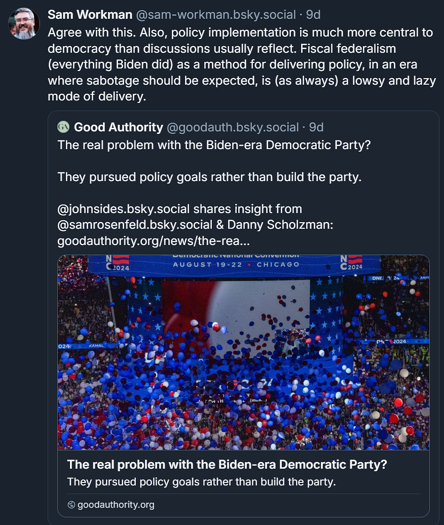 A Bluesky skeet from the author criticizing the form of policy implementation in the Biden era.