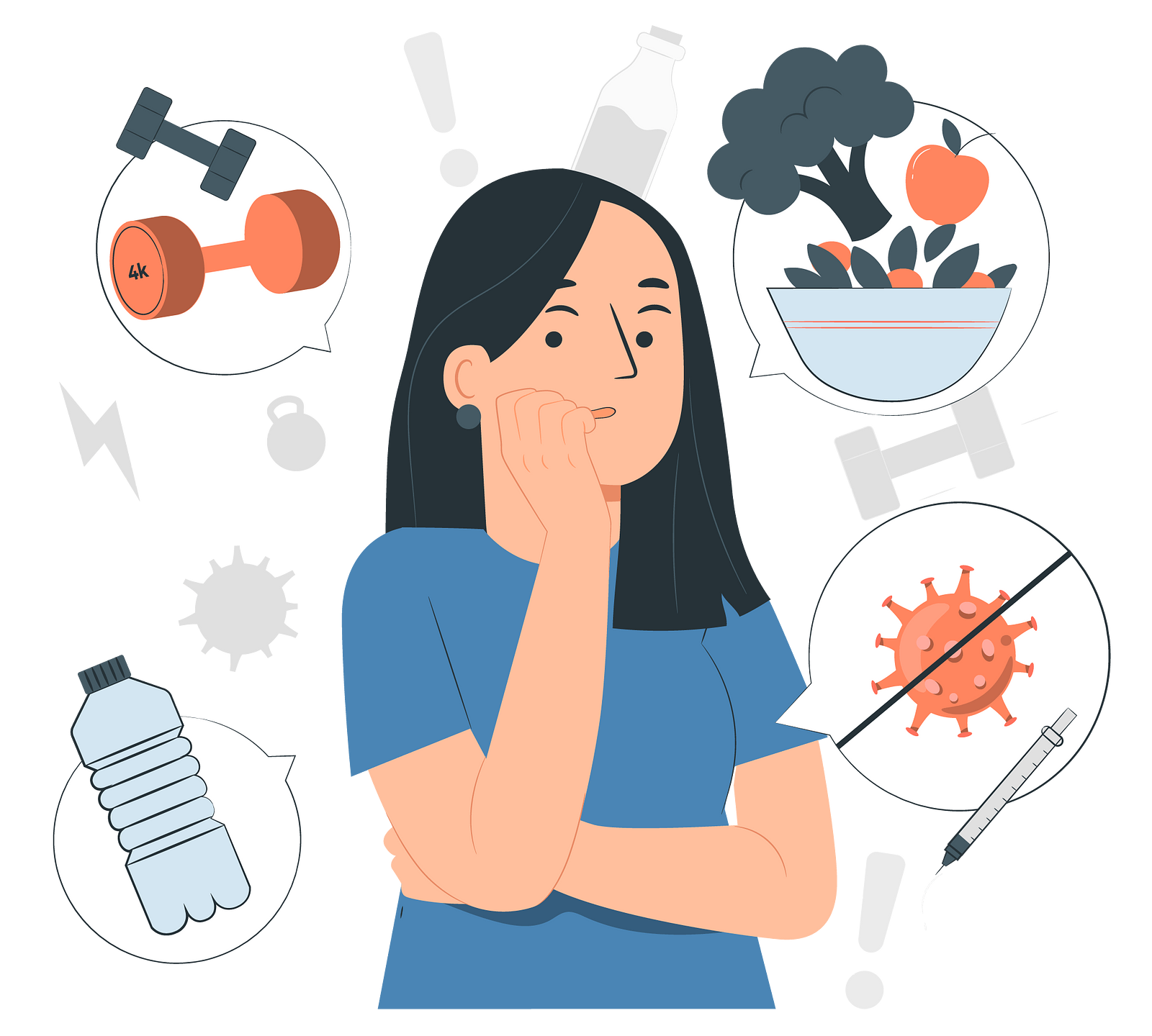 An illustration of a woman thinking about various behaviors like exercising, getting vaccinated, eating vegetables, and drinking water