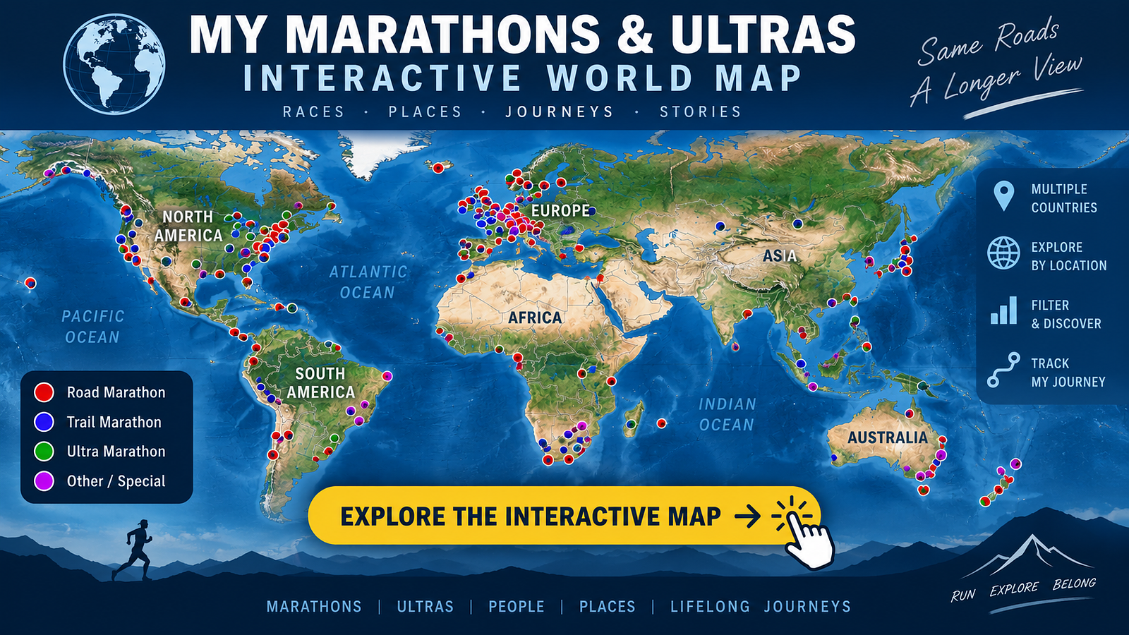 Interactive world map of my marathons and ultras