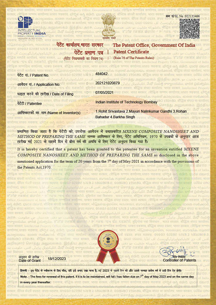Rohan Bahadur, Mukeshchand Thakur, Mukesh Kumar Kumawat, Rohit Srivastava. “Method for preparing carbon dots (CDs) and uses thereof” IPA no. 201721038918 granted: 477212, December 2023. 