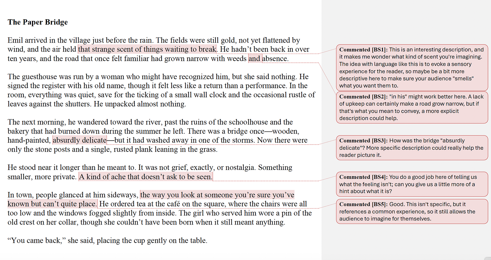 Fiction text with editing notations