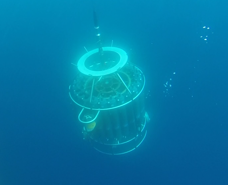 Photo of a CTD rosette under water, an oceanographic water sampling device.