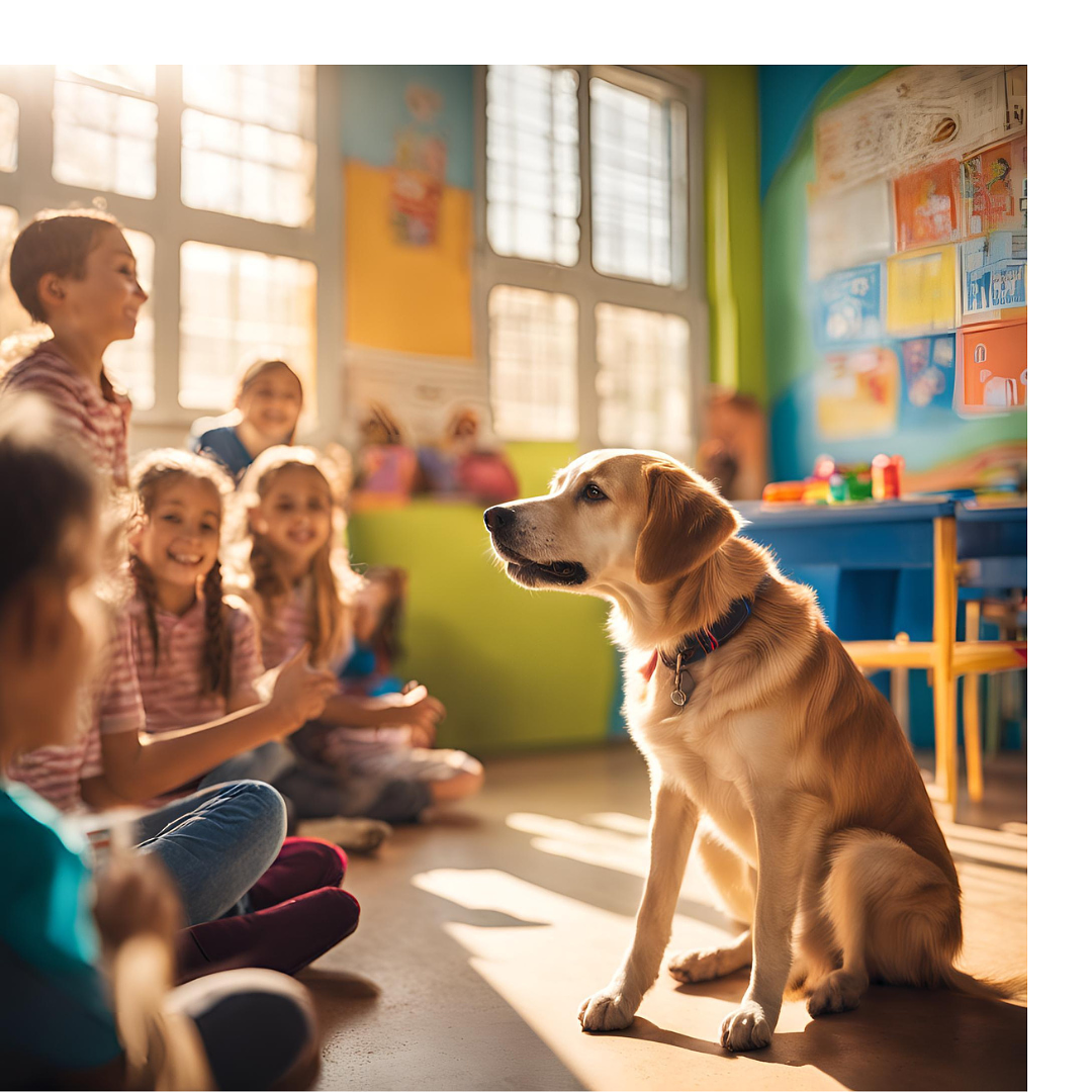 Dog sitting in front of a group of children in a classroom