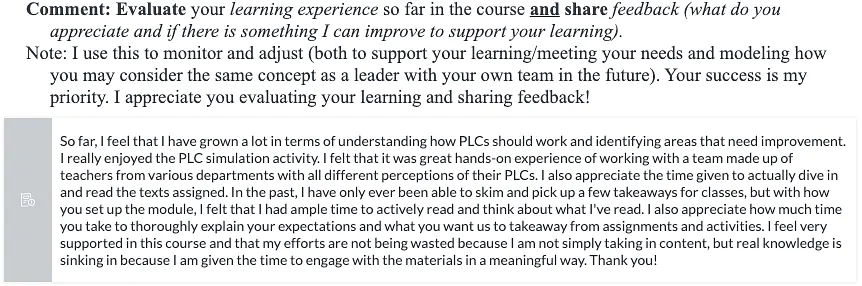 Sample formative feedback to support monitoring and adjusting my instruction. I do a check-in each learning module with varied prompts to also model how they can get feedback from their school community.