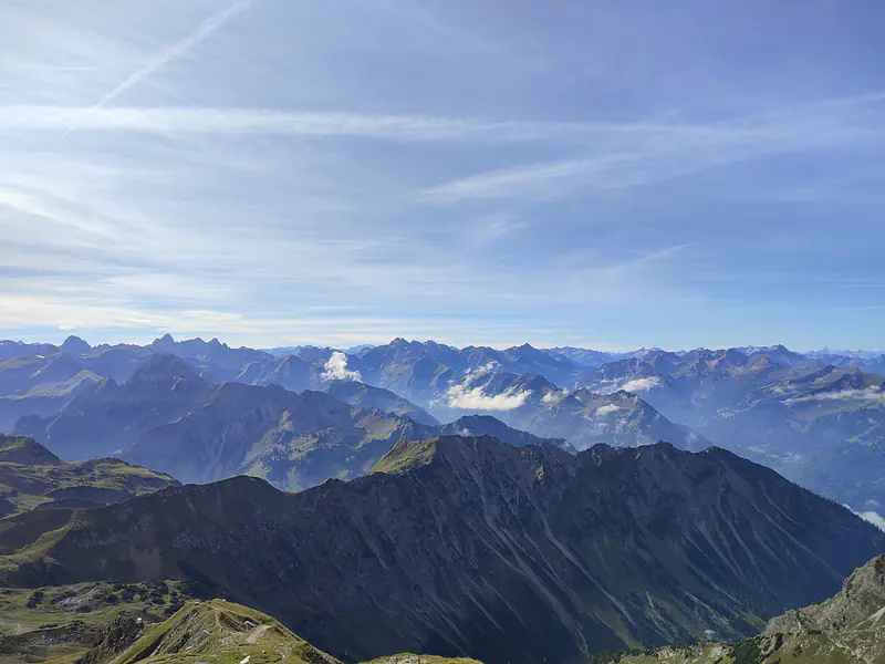 Germany, Bavaria (2021): View from the Nebelhorn mountain in the Allgäu Alps