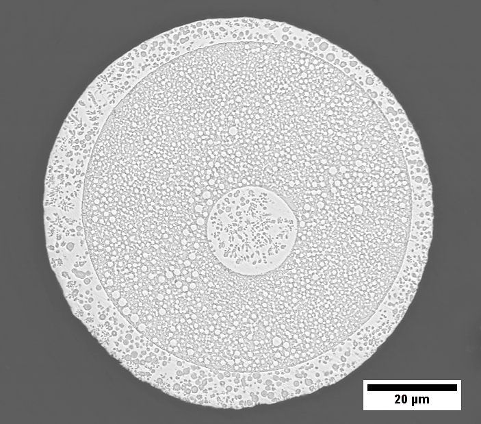 Size distribution and solidification of Cu-rich dispersed particles in the core region of stable core shell microstructures of metastable alloy