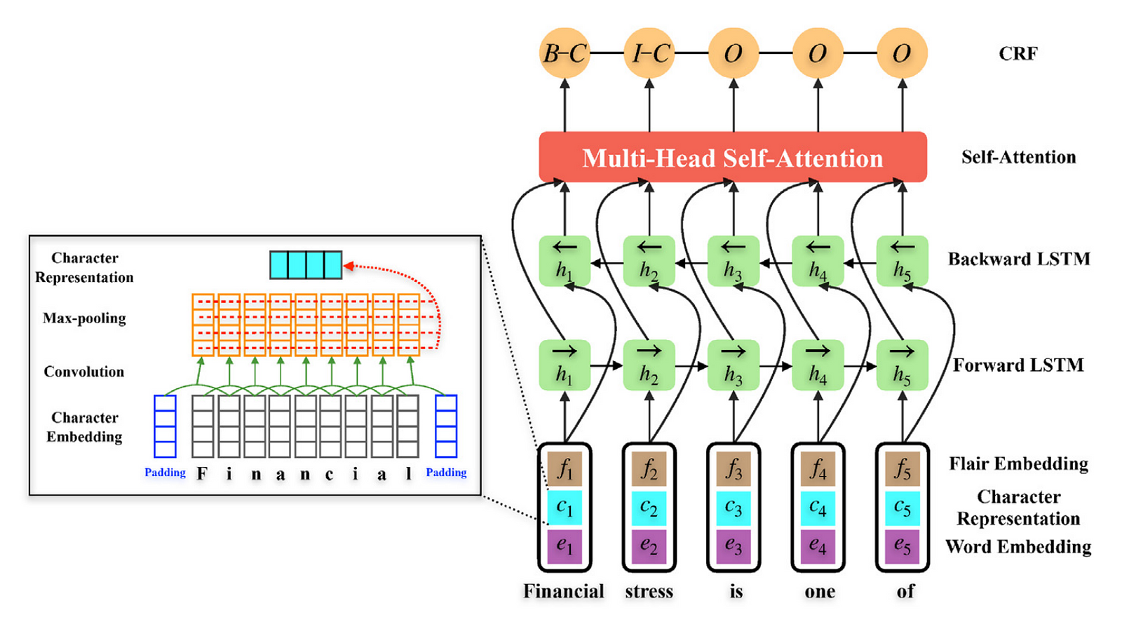 The left side of the figure shows a character CNN structure representing the word ‘‘financial”.