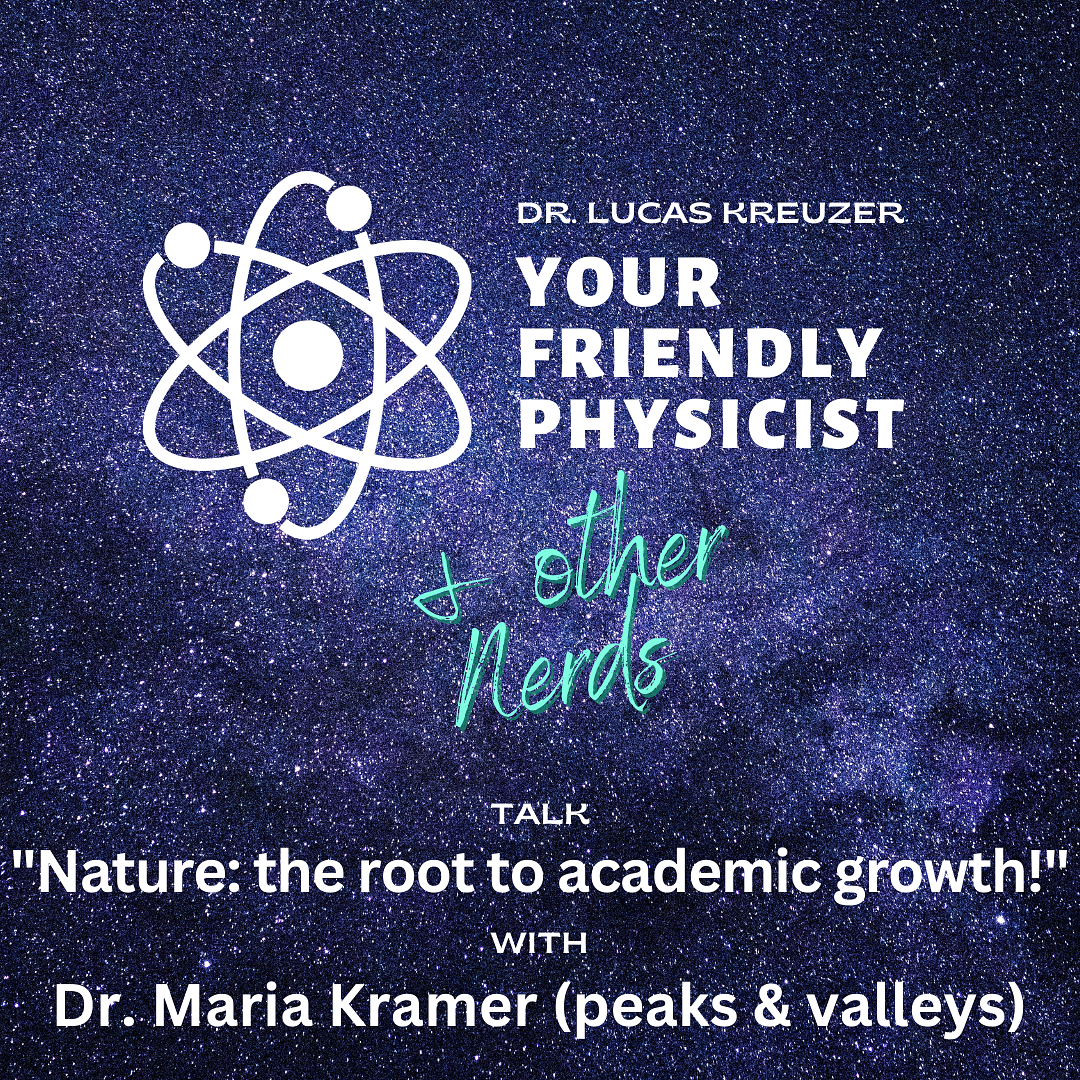 Logo of the sixth episode of the podcast 'Your Friendly Physicist and other nerds' about nature can help you improving your academic situation with Dr. Maria Kramer and Lucas Kreuzer