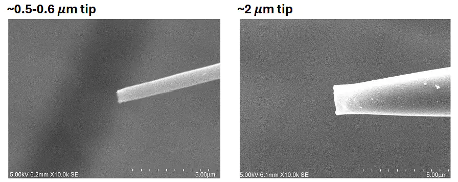 Scanning electron microscope image with a scale of 5.0μm as measuring reference for (A) 1.6μm emitter tip and (B) 0.5μm emitter tip.