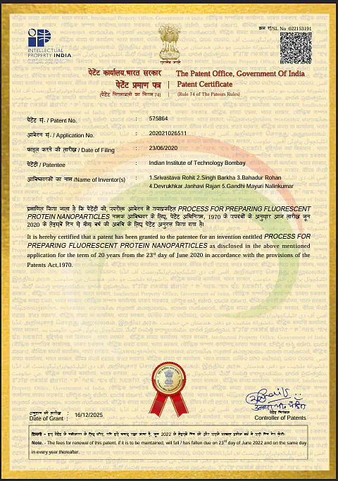 Barkha Singh, Rohan Bahadur, Janhavi Rajan Devrukhkar, Mayuri Gandhi, Rohit Srivastava. “Process for preparing fluorescent protein nanoparticles” IPA no. 202021026511 granted in December 2025.