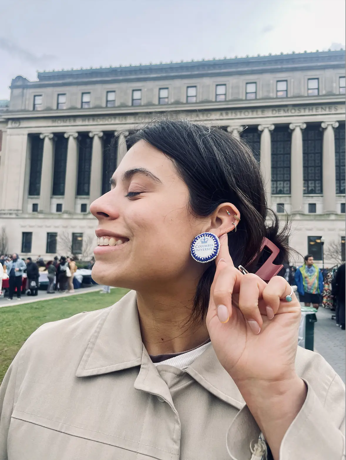Wearing earrings my auntie made me at Columbia University's Spring Powwow