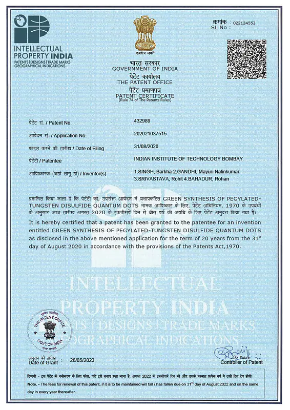 Barkha Singh, Rohan Bahadur, Mayuri Gandhi, Rohit Srivastava. “Novel Synthesis of Titanium Carbide (Ti3C2-MXene) Nanobipyramids by Hydrothermal Method'' Patent granted: 410620, November 2022. 