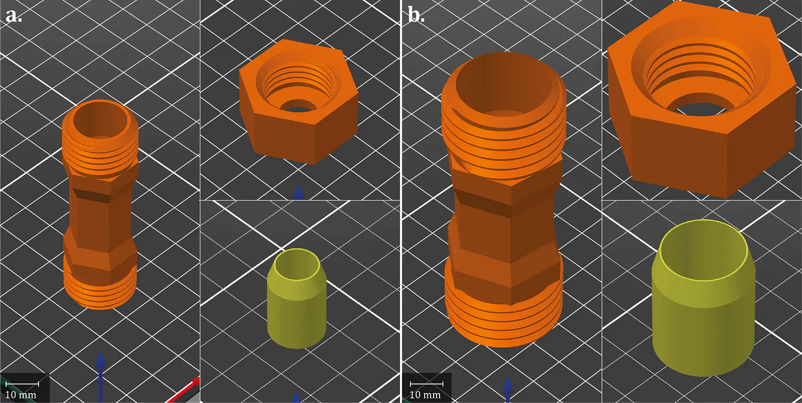 STL files of the customized pipe fittings obtained from the pfDesigner.scad file considering (a) a 10 mm diameter pipe and (b) a 20 mm diameter pipe (from top left to bottom right: fitting part, cap nut part, and gasket part). Size of the grid squares: 10 × 10 mm. Arrows in the figures are orientation vectors. 