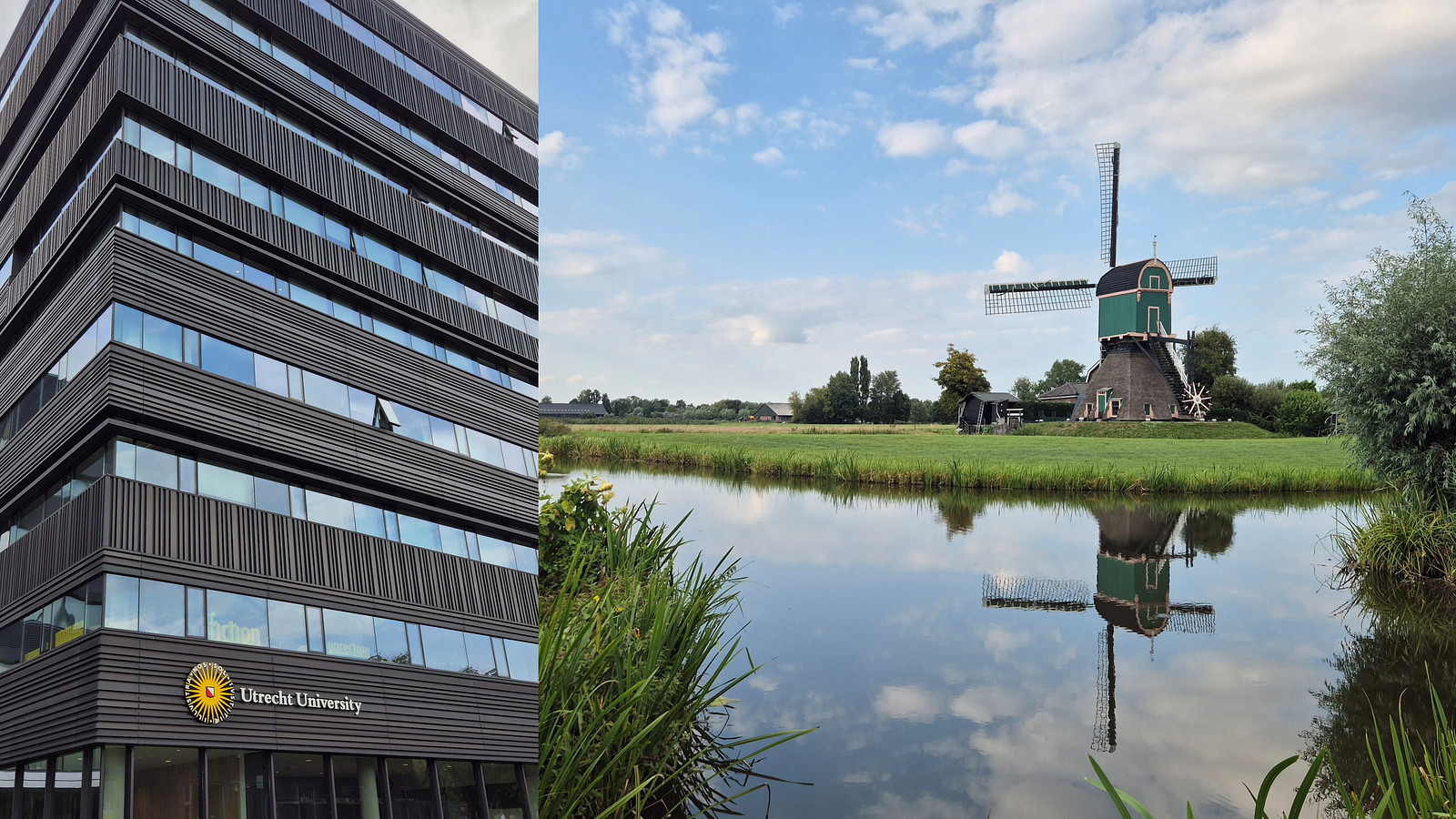 Two images, one of a modern university building with the logo of Utrecht University on it, and one with a rural scene of a water canal and meadows and a windmill.