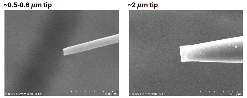 Scanning electron microscope image with a scale of 5.0μm as measuring reference for (A) 1.6μm emitter tip and (B) 0.5μm emitter tip.