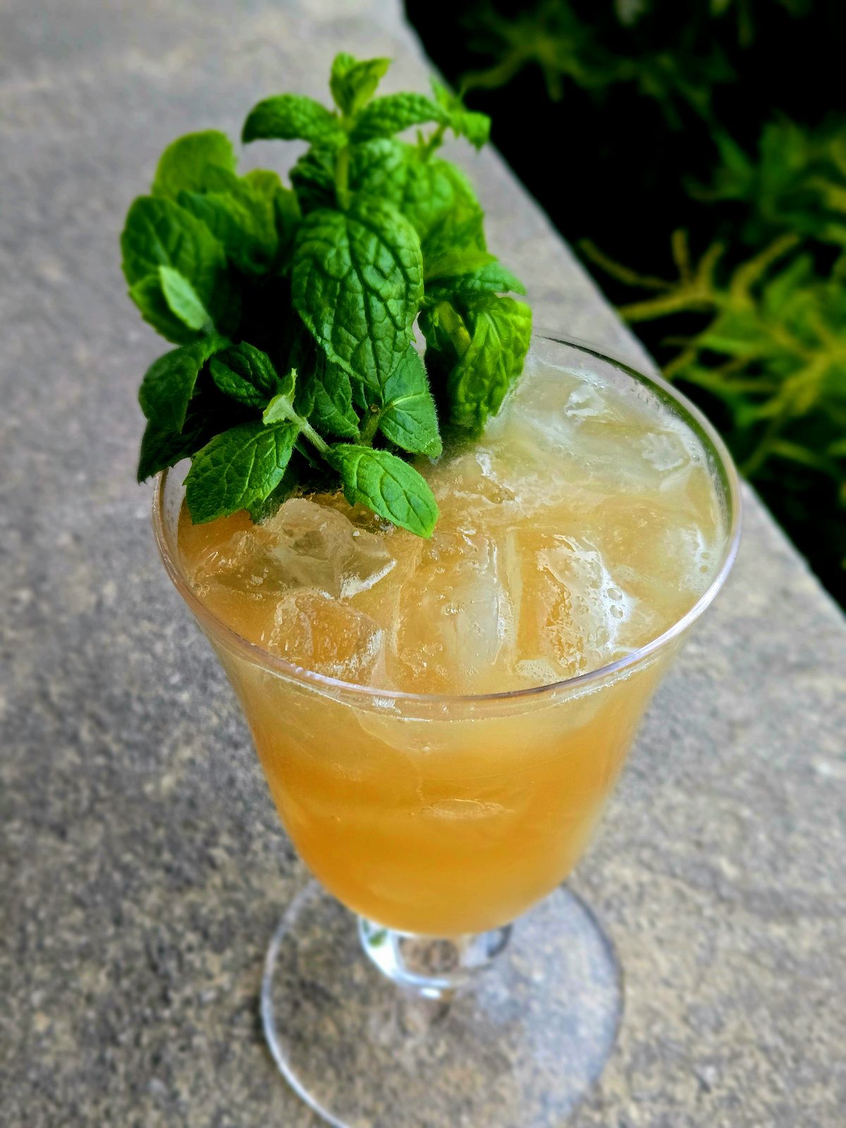 Fur Hat cocktail in a vintage wine glass with mint plume garnish atop a stone wall.