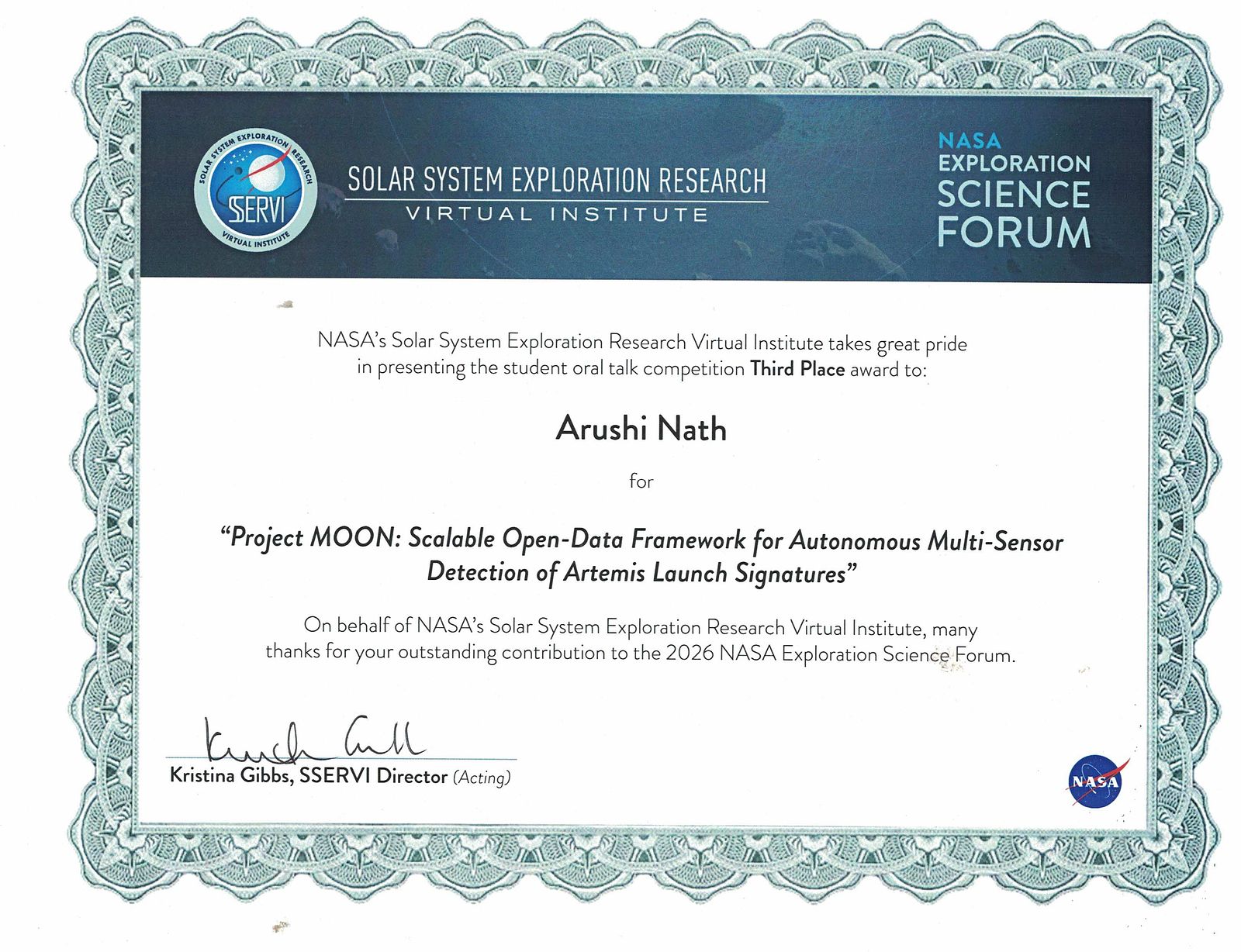 My third-place certificate from the NASA Exploration Science Forum student oral competition, awarded by SSERVI for Project MOON.