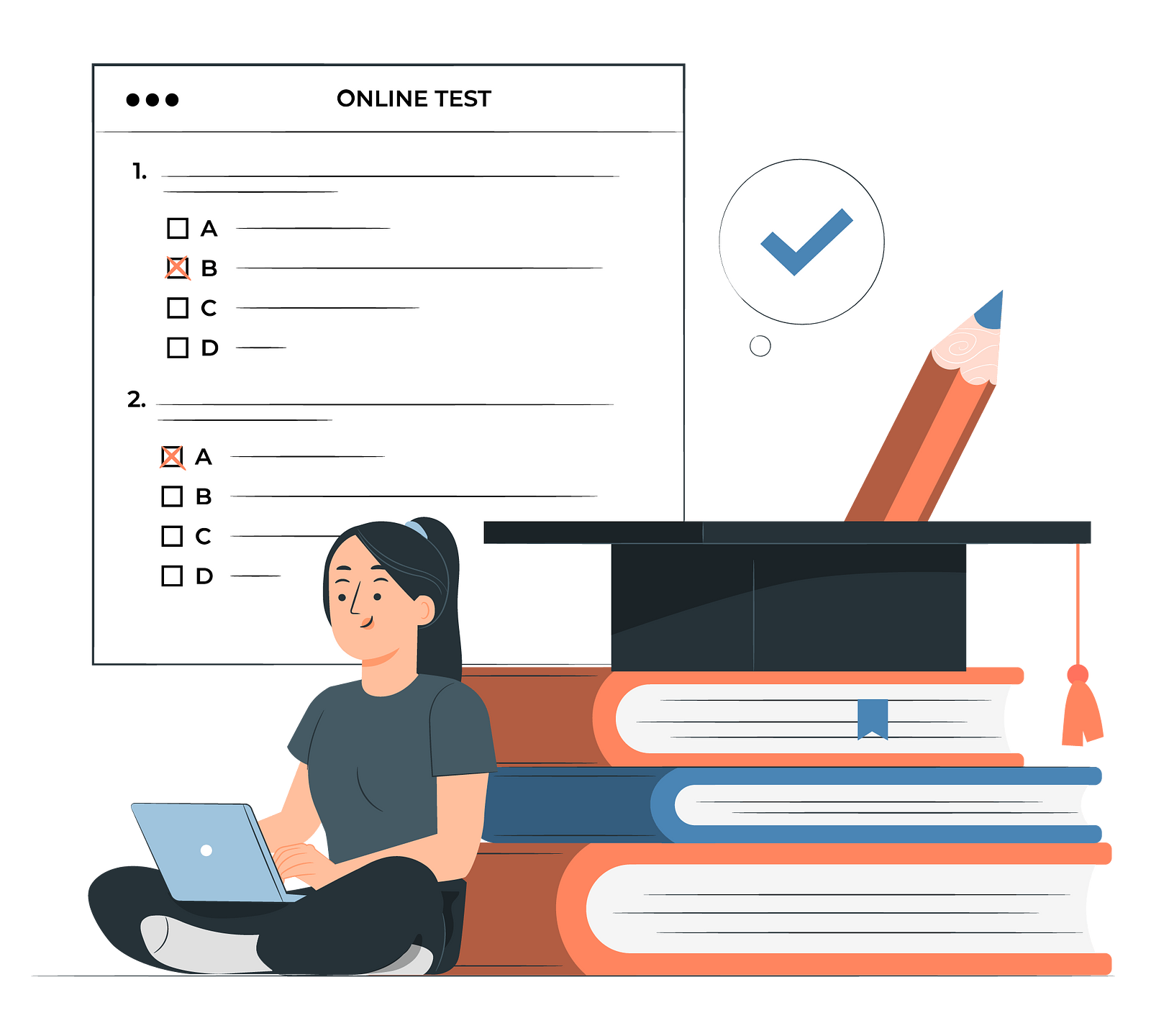 An illustrating of a student studying and taking an online test with feedback
