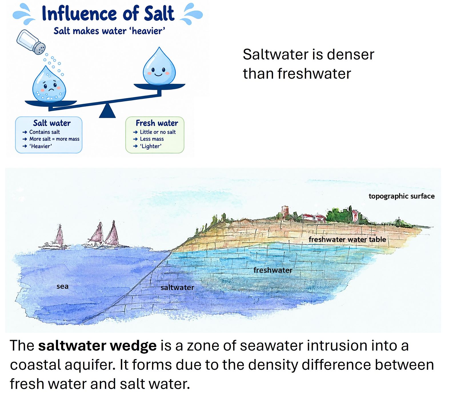 2D vertical scheme of saline intrusion with a saltwater wedge