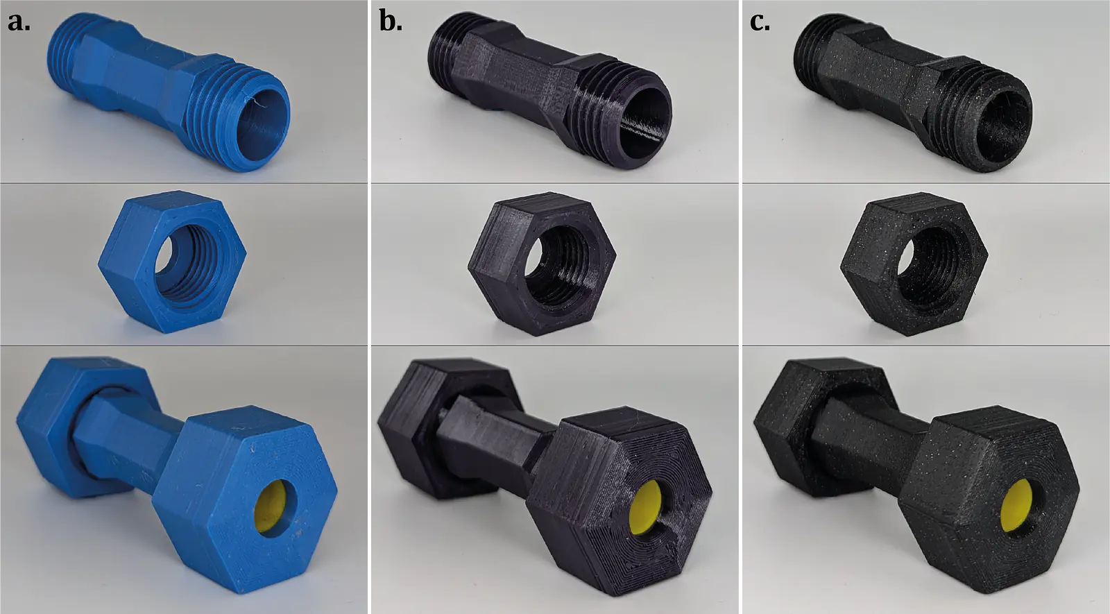  3D-printed pipe fitting parts for the test: (a) 10 mm-diameter pipe fitting parts made with PLA (from top to bottom: pipe fitting, nut, and assembled parts with the TPE gasket); (b) 10 mm-diameter pipe fitting parts made with PETG (from top to bottom: pipe fitting, nut, and assembled parts with the TPE gasket); and (c) 10 mm-diameter pipe fittings made with ASA (from top to bottom: pipe fitting, nut, and assembled parts with the TPE gasket).