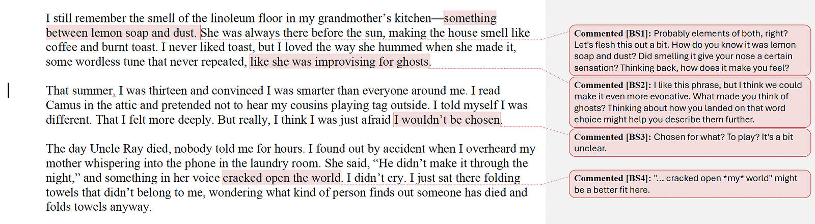 Memoir passage with editing notations