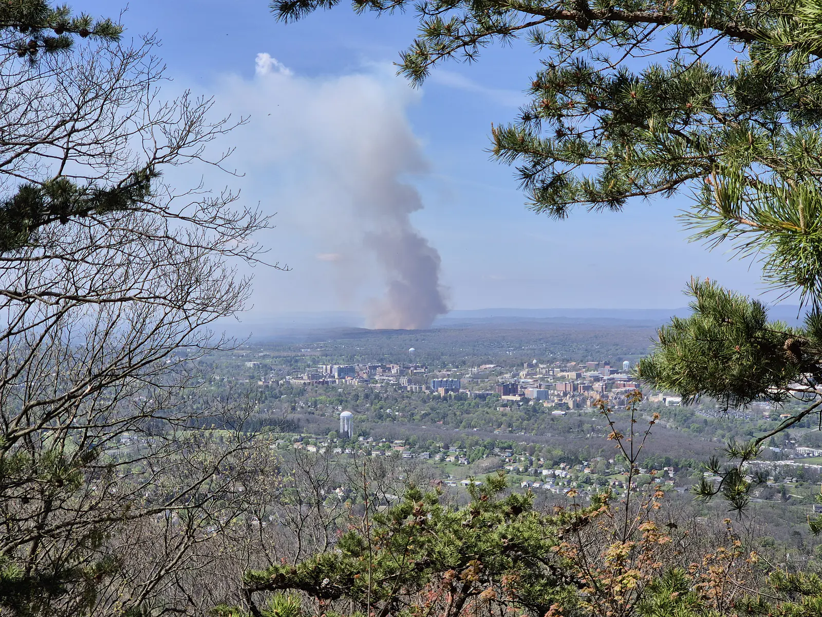 USA, Pennsylvania, State College (2026): Prescribed burn near Penn State University campus, seen from Mt. Nittany