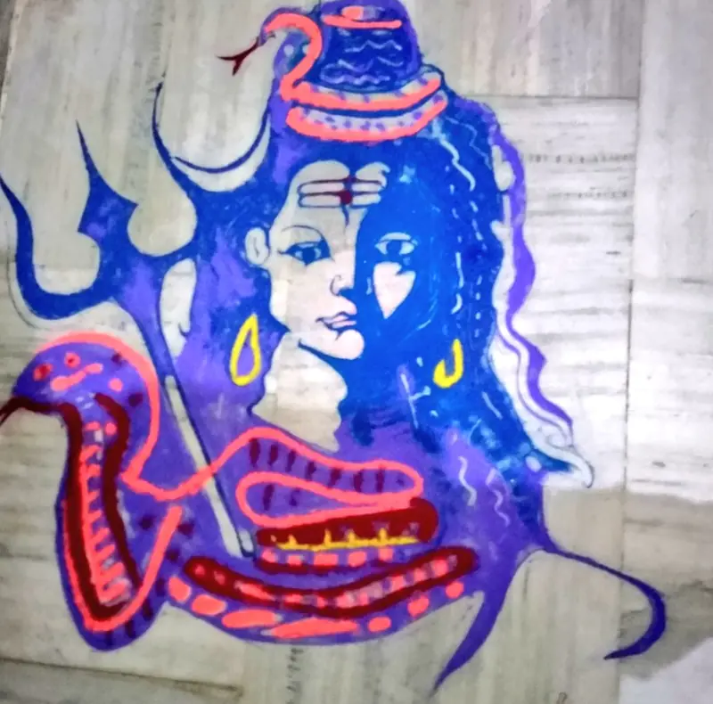 Rañgolī ( colored sand art) of Śiva on marble, 2020