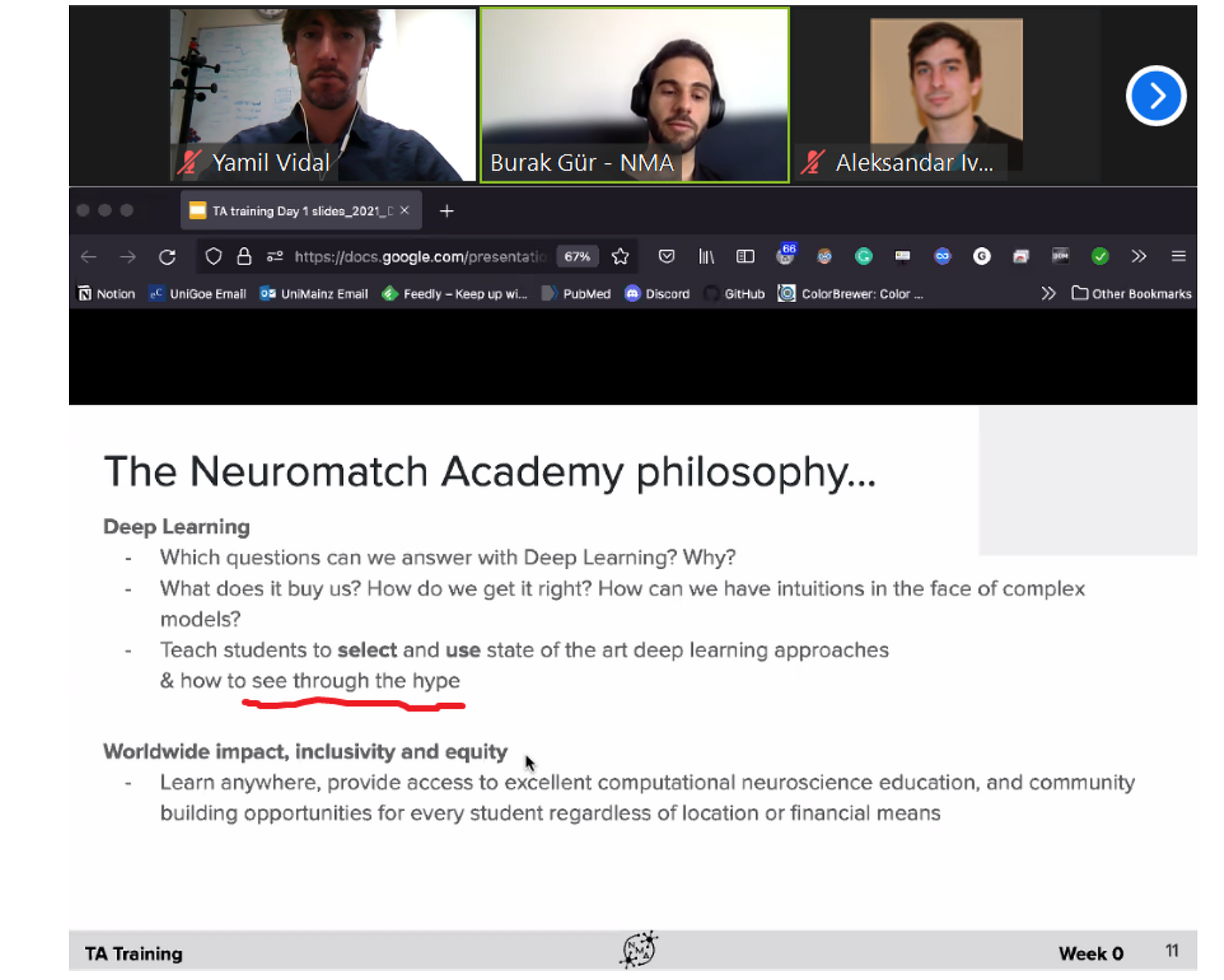Neuromatch Academy promotes diversity, equity and inclusiveness in science by bringing high-quality online summer schools all across the globe. Volunteers work on numerous ways to make the course possible: outreach, course design, fundraising, content creation, student and TA selections, tech, etc. Here is a snippet from a TA training session.