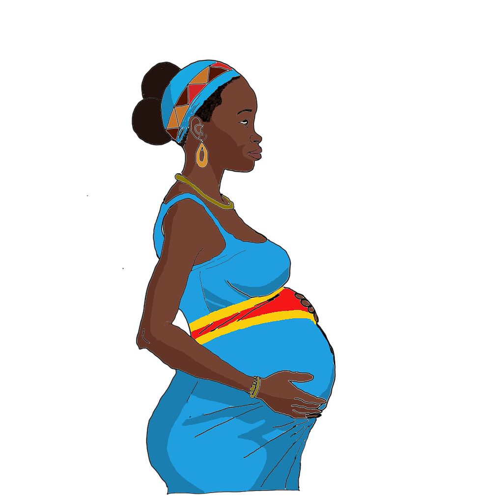 Pregnant black woman wearing a DR Congo dress