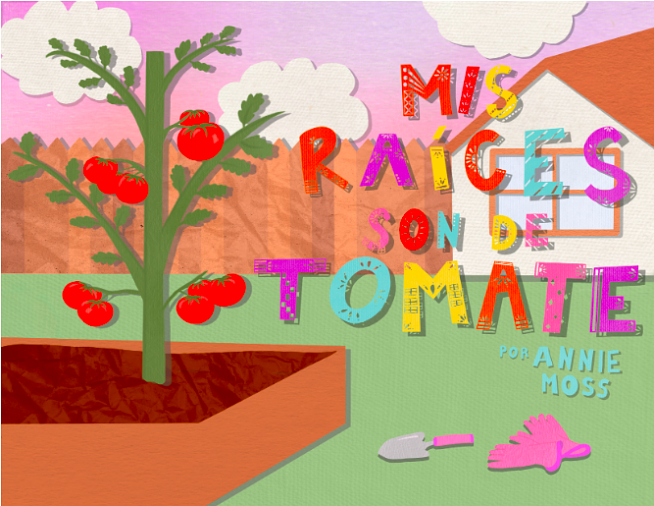 Tomato plant, pink gloves and hand trowel in a garden with a house, fence and colorful sky in the background. 