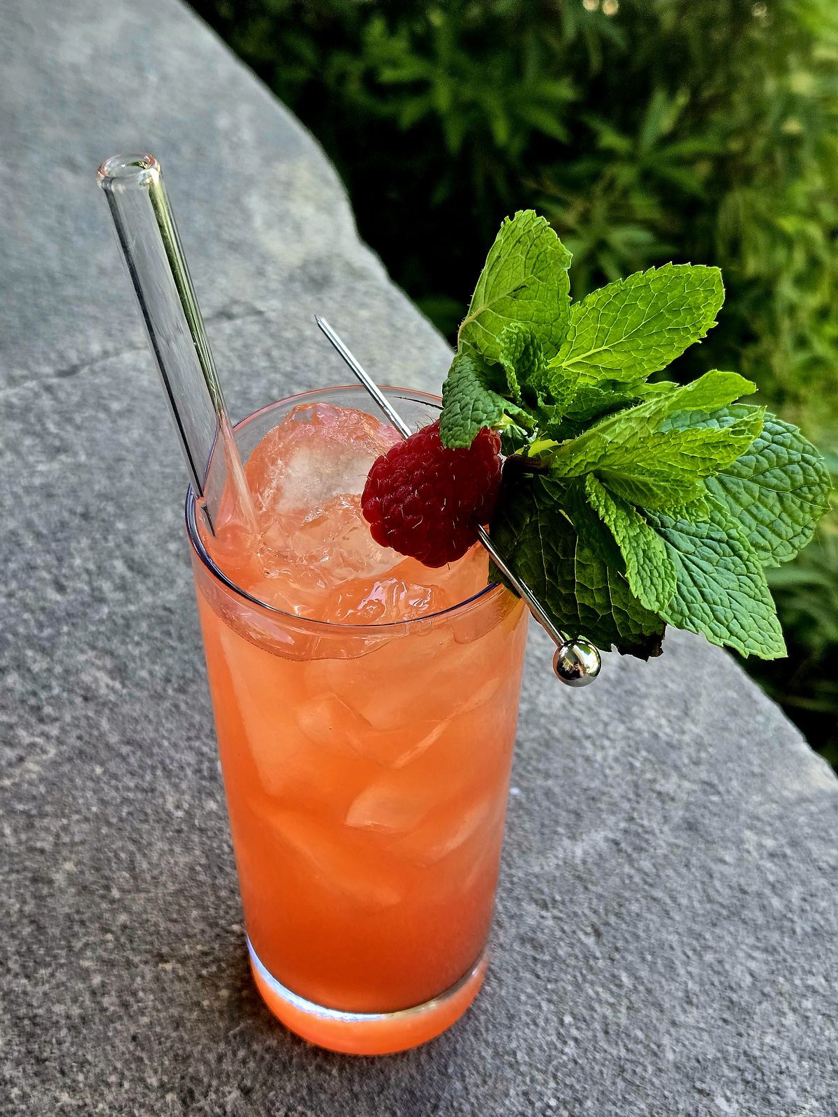 White Lion highball with raspberry and mint garnish atop a stone wall.