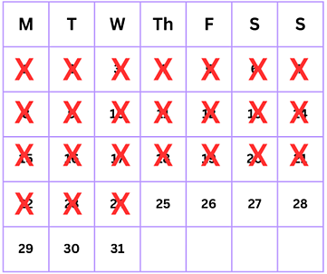 Monthly calendar with the numbers 1 to 24 crossed out
