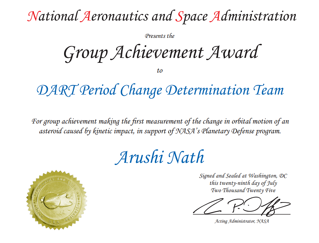 NASA Group Achievement Award certificate