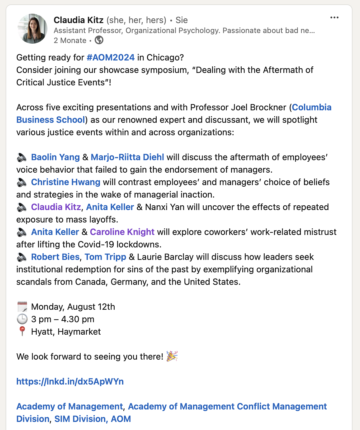 C.Kitz and C. Hwang organizing a showcase symposium at the Academy of Management conference 2024 in Chicago