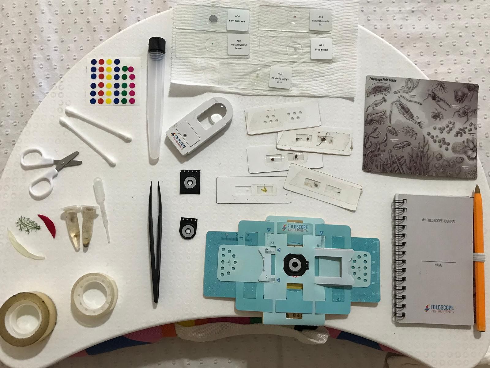 Image shows a while surface with several items laid on top, including a foldscope paper microscope, some test tubes, tweezers, scissors, paper and glass slides, and a notebook.