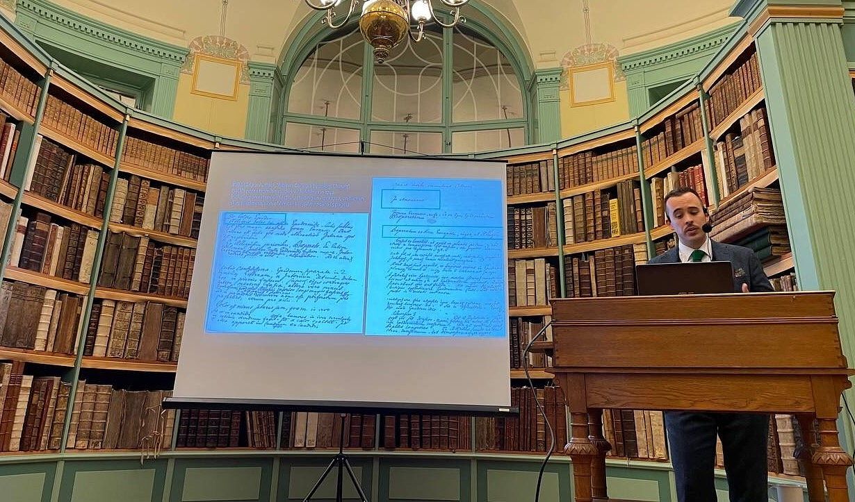 Picture of Dr. Vincent Roy-Di Piazza giving the Hagströmer Lecture 2023 at the Hagströmer Library, Karolinska Institutet, Stockholm