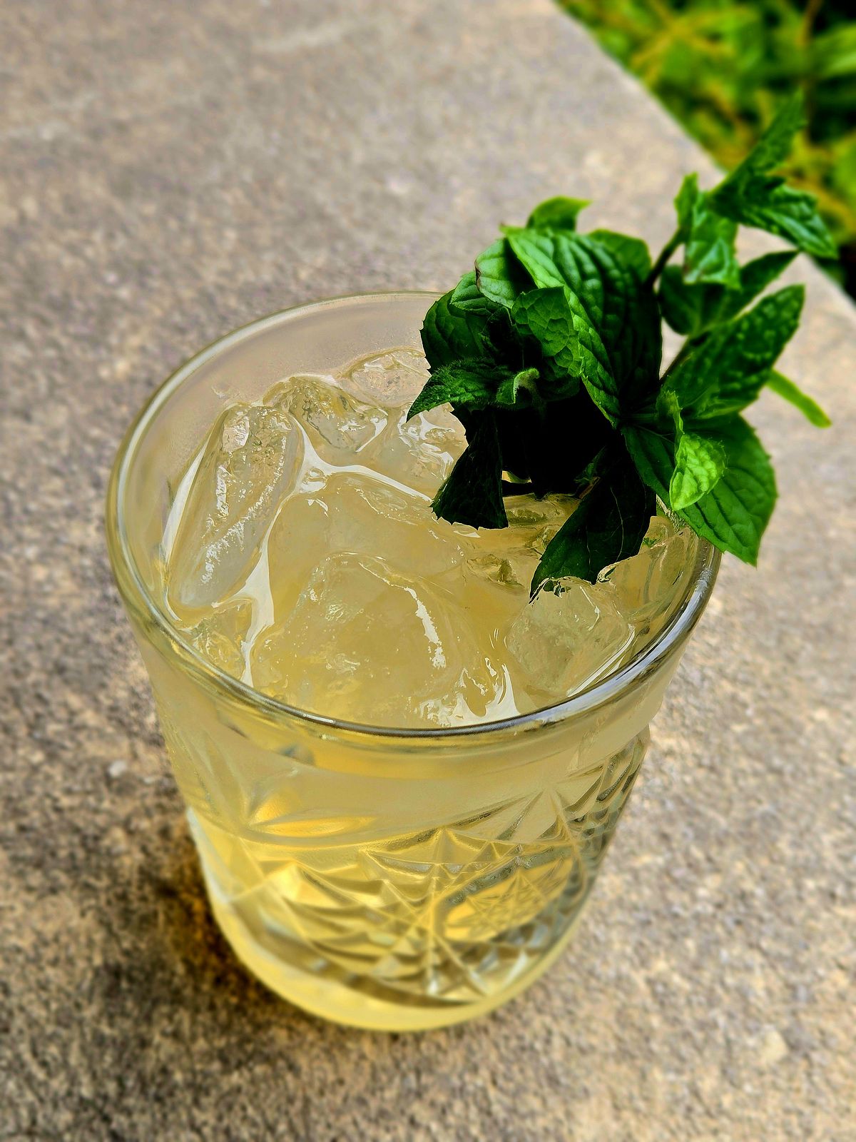 Paradise Lost cocktail in a rocks glass over ice with a mint sprig garnish atop a stone wall.