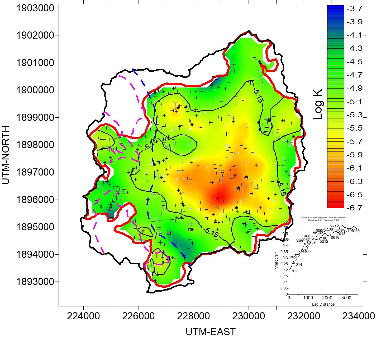 Permeability map of Maheshwaram basin The insert presents the variogram used for data interpolation.
