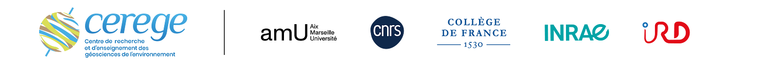 Le CEREGE et ses tutelles, CNRS, AMU, Collège de France, INRAe et IRD