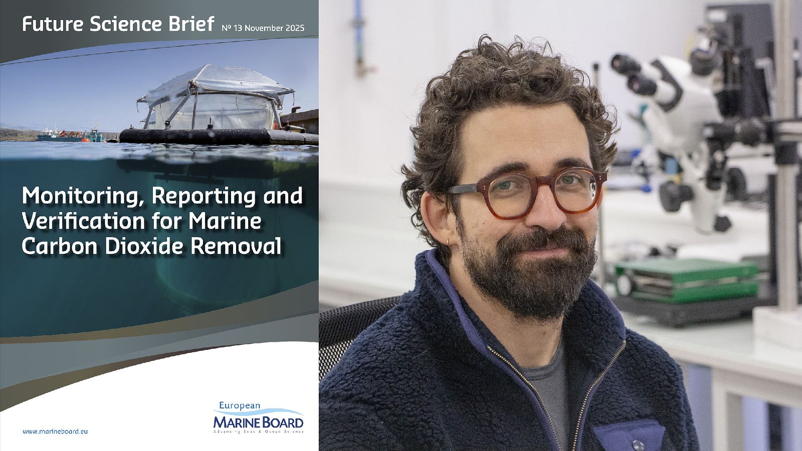 European Marine Board report cover on marine carbon dioxide removal alongside Olivier SULPISith the exocean lab in the background