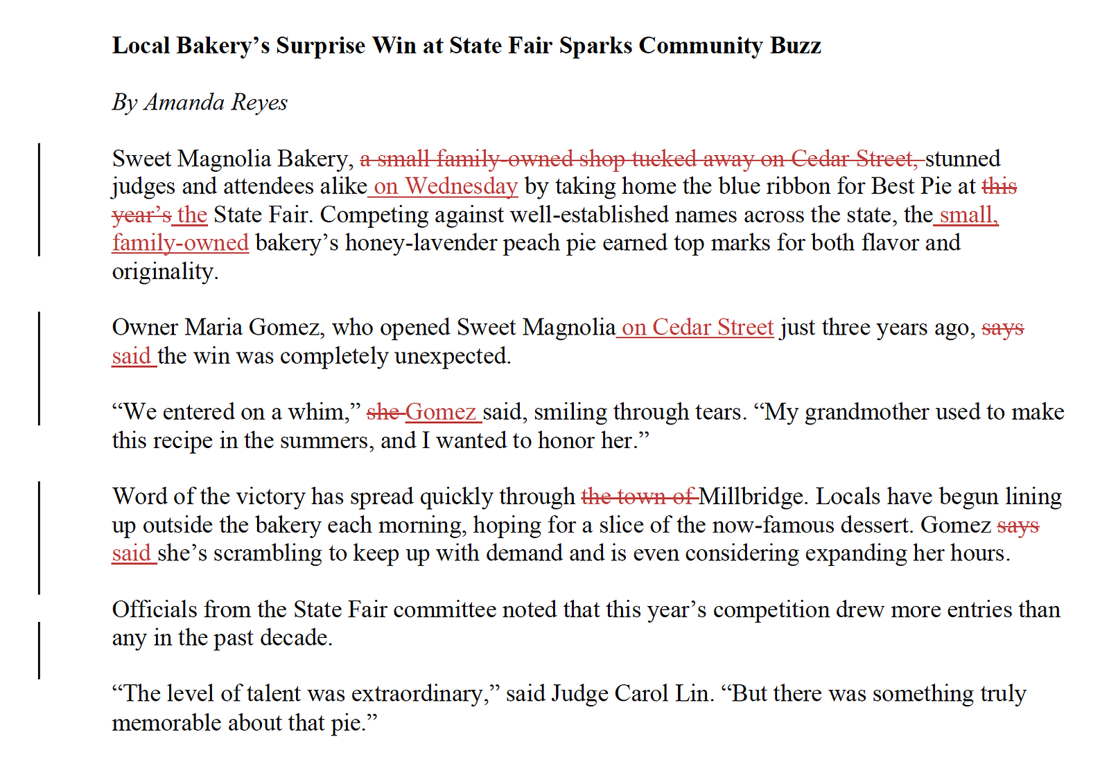 journalism text with editing notations