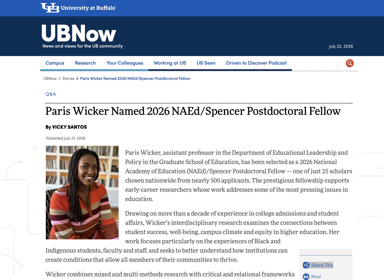 Screenshot of UBNow article on the fellowship 