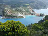 Greece, Cephalonia, Asos (2018): View from Asos Castle towards the town, built on a narrow isthmus