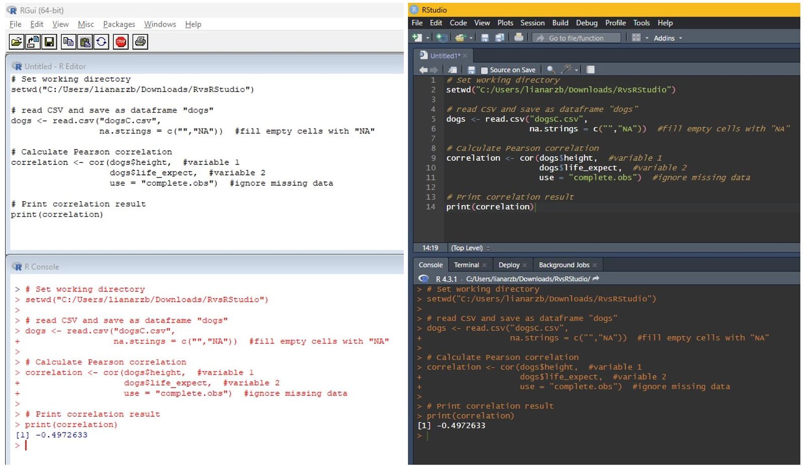 Left: Screenshot of base R GUI featuring the script editor and console. Right: Screenshot of RStudio running the same code.