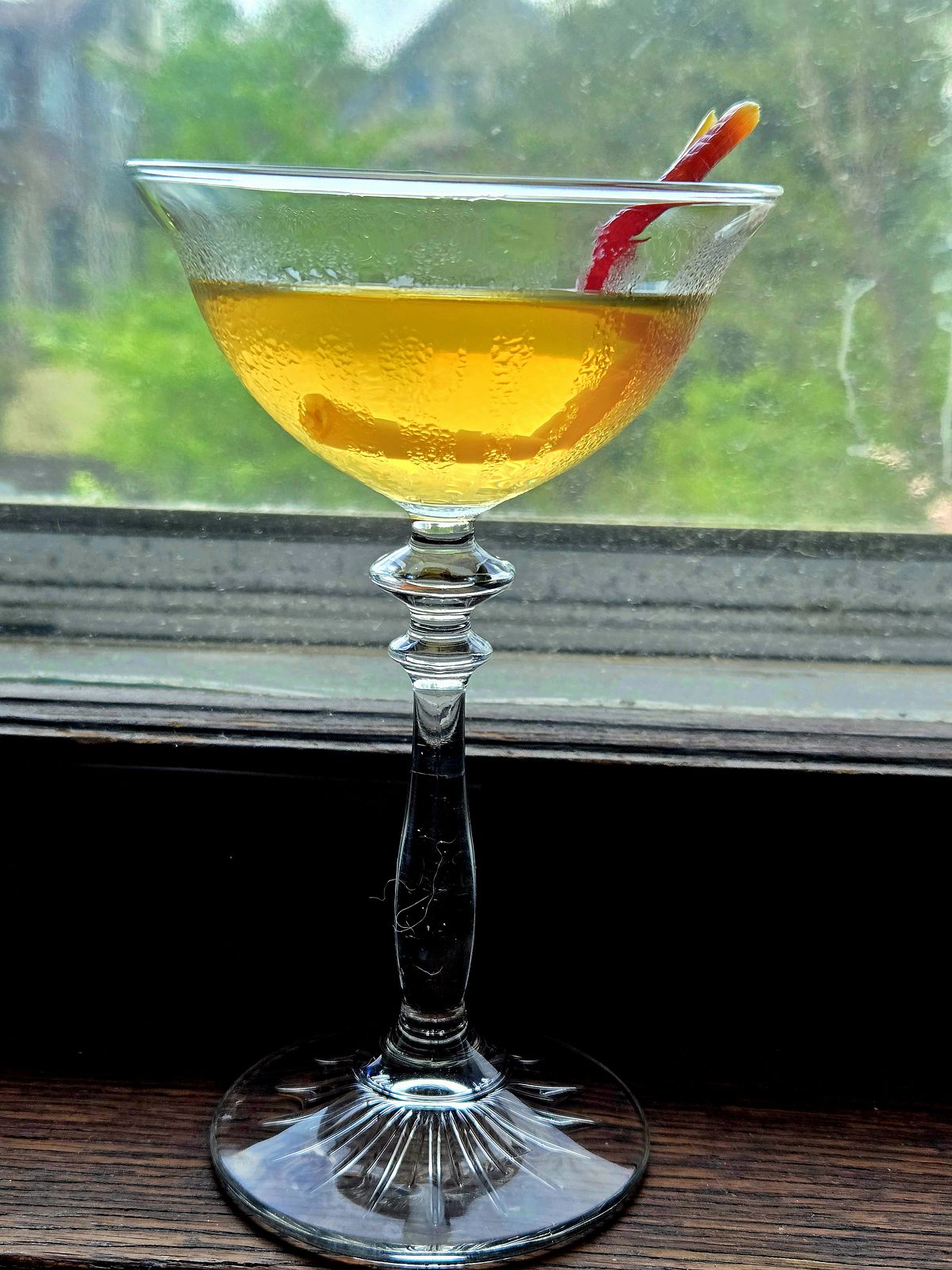 The Dirty Forager in a Coupe with pickled ramp garnish in a window sill.