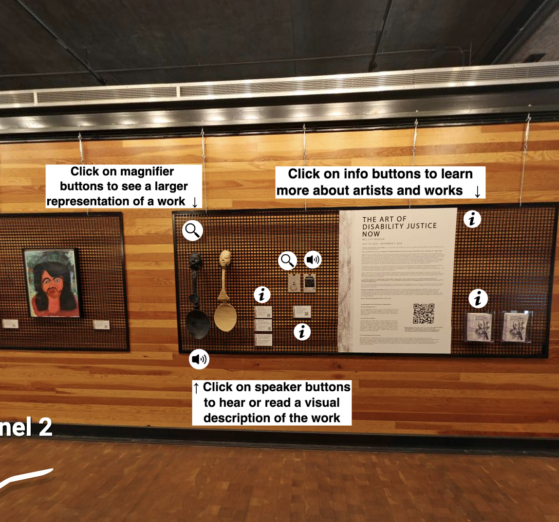 Image showing artwork hanging on metal grids on wood paneled walls. Captions explaining the different tour features are visible