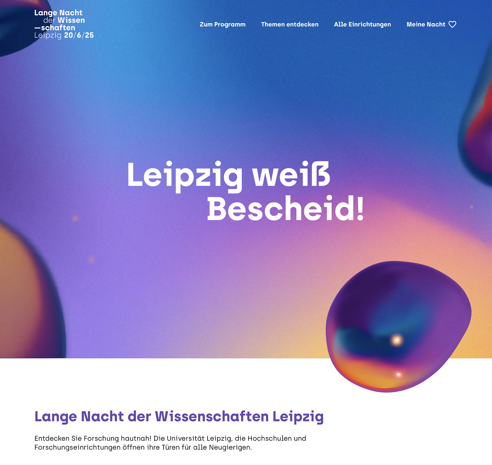 Screenshot of the webpage of the long night of sciences saying: Leipzig weiß Bescheid!