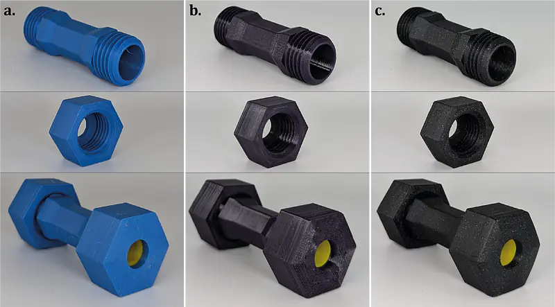  3D-printed pipe fitting parts for the test: (a) 10 mm-diameter pipe fitting parts made with PLA (from top to bottom: pipe fitting, nut, and assembled parts with the TPE gasket); (b) 10 mm-diameter pipe fitting parts made with PETG (from top to bottom: pipe fitting, nut, and assembled parts with the TPE gasket); and (c) 10 mm-diameter pipe fittings made with ASA (from top to bottom: pipe fitting, nut, and assembled parts with the TPE gasket).
