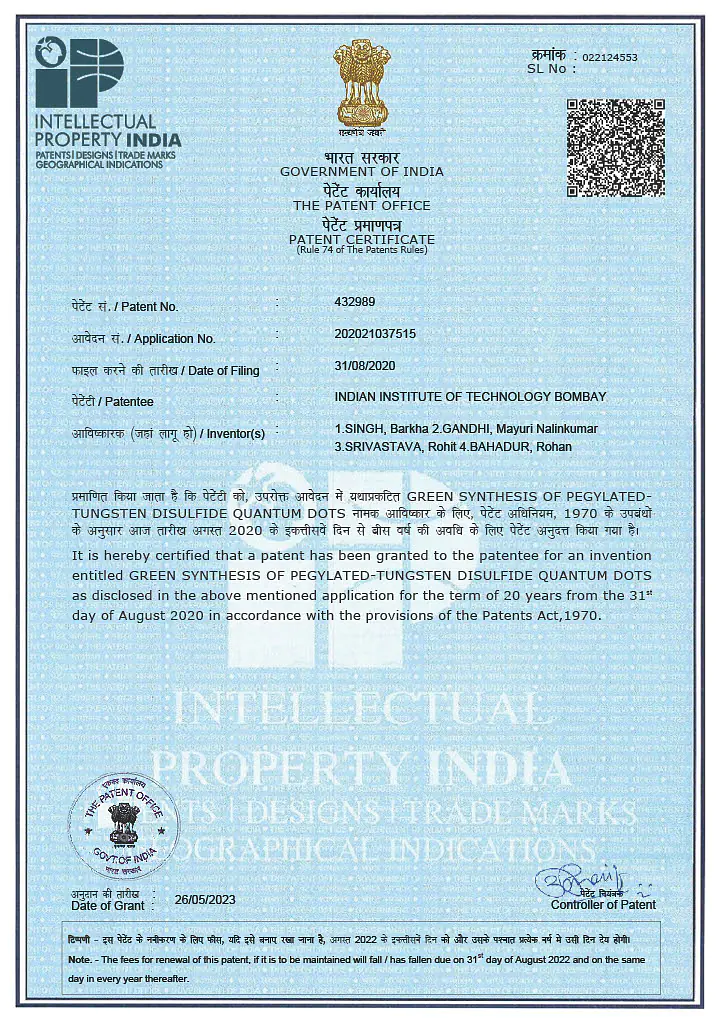 Barkha Singh, Rohan Bahadur, Mayuri Gandhi, Rohit Srivastava. “Novel Synthesis of Titanium Carbide (Ti3C2-MXene) Nanobipyramids by Hydrothermal Method'' Patent granted: 410620, November 2022. 